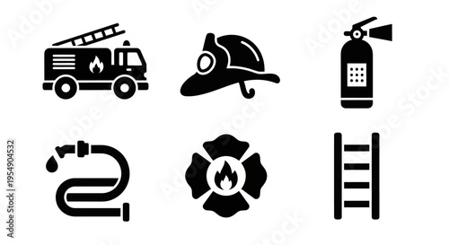 Firefighter Icons: Truck, Helmet, Extinguisher, Hose, Maltese Cross, Ladder