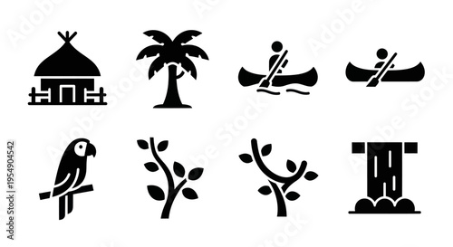 Tropical Island Icons: Hut, Palm Tree, Kayaking, Parrot, Waterfall, Plants