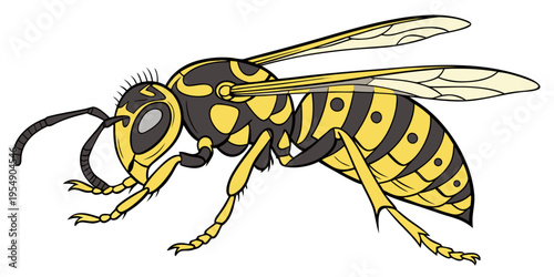 "A professional, ultra-high-resolution 3D photorealistic render of a yellowjacket wasp, isolated on a solid white background. The insect is shown in a side profile, featuring intricate anatomical deta