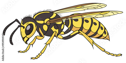 "A professional, ultra-high-resolution 3D photorealistic render of a yellowjacket wasp, isolated on a solid white background. The insect is shown in a side profile, featuring intricate anatomical deta