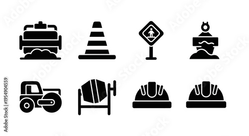 Construction Icons Set: Safety, Equipment, and Roadwork Symbols