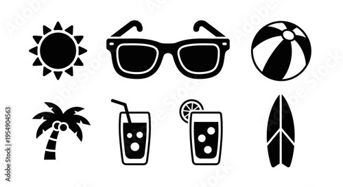 Summer Vacation Icons: Sun, Sunglasses, Beach Ball, Palm Tree, Drinks, Surfboard