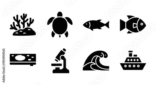 Ocean Life Icons: Coral, Turtle, Fish, Microscope, Wave, Ship, Aquarium