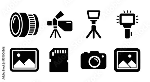 Photography Icons: Camera, Lens, Tripod, SD Card, Flash, Video Camera