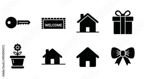 Home Icons Set: Key, Welcome Mat, House, Gift, Plant, Bow