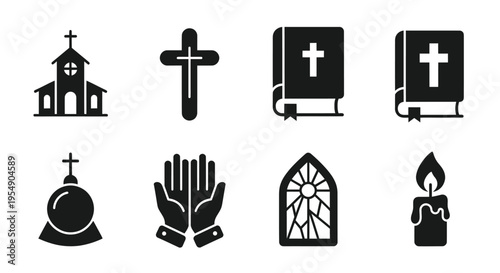 Christianity Icons: Church, Cross, Bible, Hands, Candle, Stained Glass