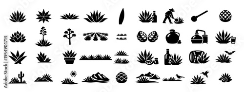 Agave Silhouettes Collection, Tequila Mezcal Plants, Desert Landscape Icons, Mexican Culture, Succulent Vector Set
