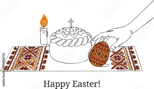 Traditional Ukrainian Easter Still Life with Paska, Candle, Rushnyk and Pysanka. Happy Easter Greeting Card