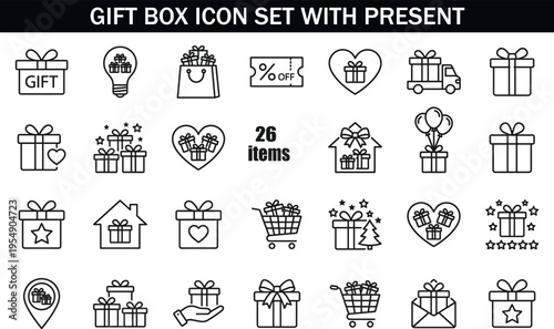 Gift box icon set with present, shopping, discount, celebration symbols, ecommerce elements, minimal outline vector illustration collection for design
