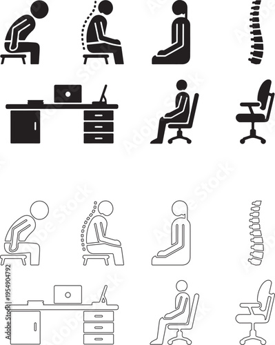 Posture correction concept illustration. Comparison of bad slouching posture and proper upright spine for ergonomic health..eps