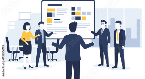 Business people presenting data on whiteboard in modern office in minimalist style with blue and yellow colors in flat design for corporate website