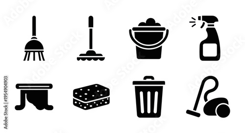 Cleaning Supplies Icons: Broom, Mop, Bucket, Sprayer, Sponge, Trash Can, Vacuum