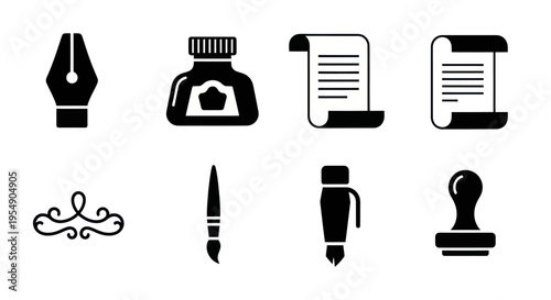 Vintage Writing Tools Icon Set: Quill, Inkwell, Scroll, Pen, Stamp, Flourish