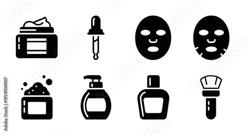 Skincare icons: cream, serum, mask, powder, lotion, perfume, brush
