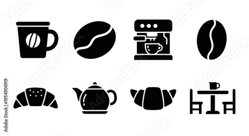 Coffee Break Icons: Espresso Machine, Croissant, Teapot, Mug, Table and Beans