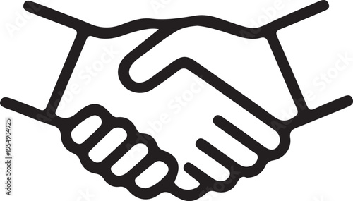 A minimalist black and white line art illustration representing a professional business handshake