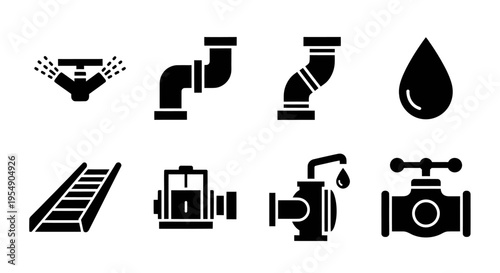 Plumbing Icons: Sprinkler, Pipes, Pump, Valve, Water Drop, Stairway