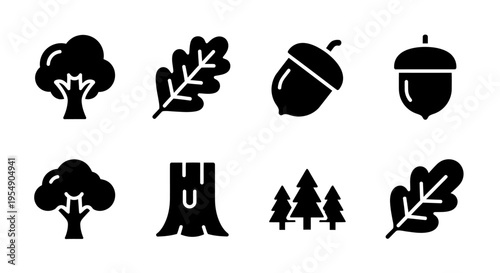 Set of Nature Icons: Oak Tree, Leaf, Acorn, Forest, Tree Stump