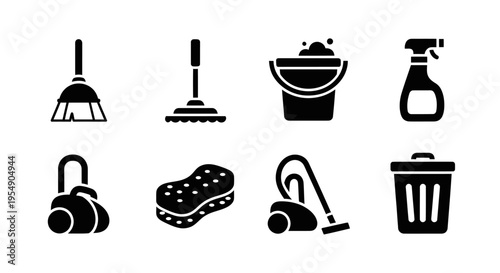 Cleaning Tools Icons Set: Broom, Mop, Bucket, Sponge, Vacuum, Trash Can, Sprayer