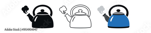 Three teapot icons with steam shown in solid black, simple outline and a blue colored version with orange spout accent.