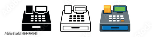 Three style variations of a cash register icon shown in solid, outline, and colored forms.