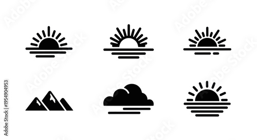 Sunrise Icon Set: Sun, Mountains, Clouds, Horizon Line - Vector Graphics