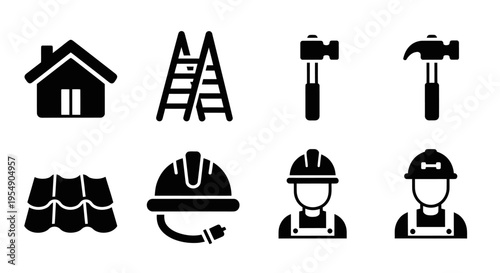 Construction Icons: House, Ladder, Tools, Roof Tiles, Hard Hats