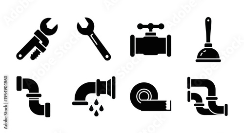 Plumbing icons: wrench, valve, plunger, pipes, tape