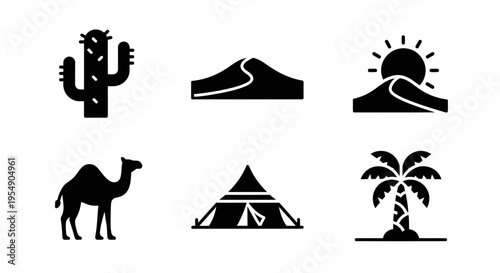 Desert Icon Set: Cactus, Dune, Sun, Camel, Tent, Palm Tree