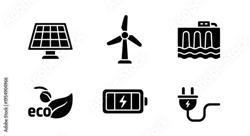 Renewable energy icons: solar panel, wind turbine, hydroelectric dam, eco leaf, battery, plug