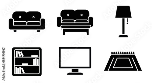 Living Room Furniture Icons Set: Sofa, Lamp, Bookshelf, TV, Rug