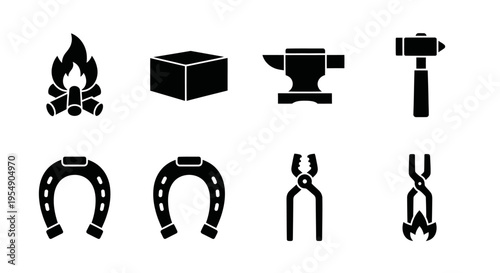 Blacksmith Tools and Equipment Icons: Forge, Anvil, Hammer, Horseshoe, Tongs