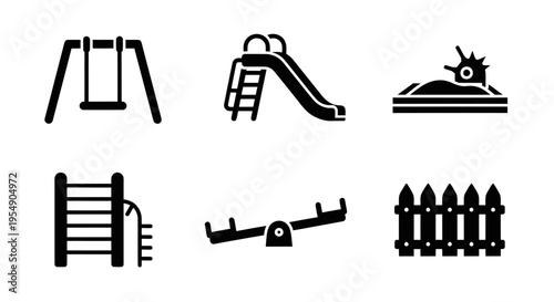 Playground Icons: Swing, Slide, Sandbox, Climbing Frame, Seesaw, Fence
