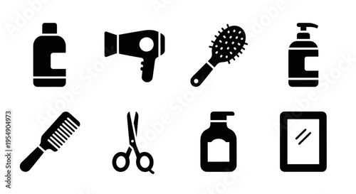 Hair Salon Icons: Hair Dryer, Comb, Scissors, Mirror, Shampoo Bottles