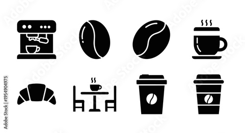 Coffee Icons: Espresso Machine, Beans, Croissant, Cup, Table, Takeaway Cups