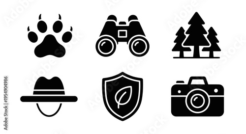 Outdoor Adventure Icons: Paw Print, Binoculars, Forest, Hat, Shield, Camera