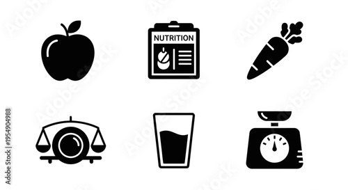 Healthy Lifestyle Icons: Apple, Carrot, Nutrition Plan, Scale, Glass of Water, Kitchen Scale