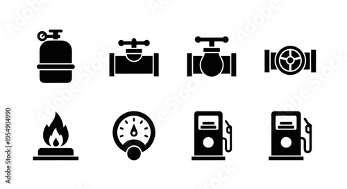Energy Icons: Gas Cylinder, Valves, Flame, Gauge, Fuel Pump, Meter