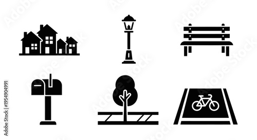 Urban Icons Set: Houses, Lamp Post, Bench, Mailbox, Tree, Bike Path