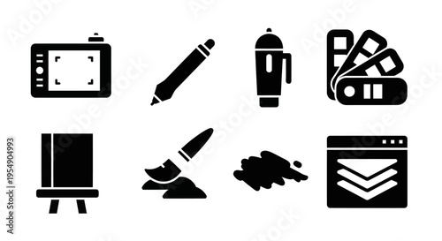 Digital Art Design Tools Icons: Tablet, Pen, Paintbrush, Easel, Swatches