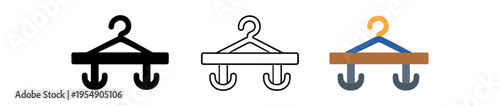 Three clothes hanger icons with double hooks rendered in black, outline and colored versions.