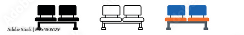 Three bench icons showing a two-seat waiting bench in black, outline, and colored styles with a simple metal frame.