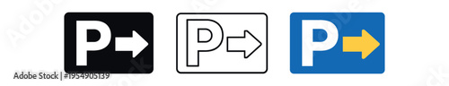 Three parking p icons with right-pointing arrows shown in black, outline, and colored styles.