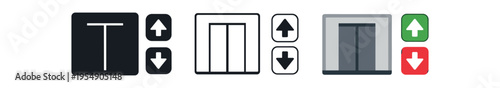 Three elevator door icons with separate up and down arrow indicators in black, outline, and colored styles.
