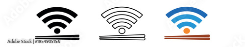 Three stylistic wi fi icons arranged side by side showing a wireless signal above a pair of chopsticks in black, outline, and colored styles.