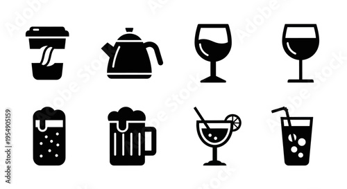 Set of black drink icons: coffee cup, teapot, wine glasses, beer mug, cocktails