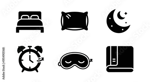Sleep Icons: Bed, Pillow, Moon, Alarm Clock, Eye Mask, Book