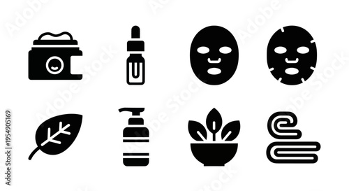 Skincare Icons: Face Mask, Serum, Cream, Leaf, Towel, Pump Bottle, Bowl