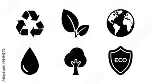 Eco friendly icons: recycling, nature, earth, water, tree, eco shield