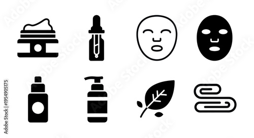 Skincare product icons set: cream, serum, face mask, towel, leaf